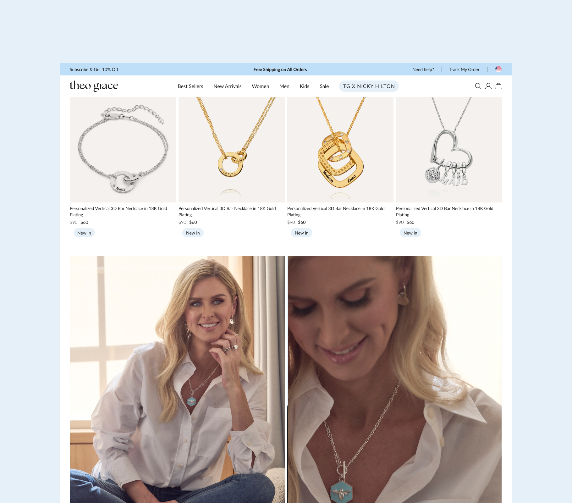 Contemporary fashion jewellery brand identity and website design for Theo Grace by Nicky Hilton, showcasing clean layouts, bold typography and campaign imagery.