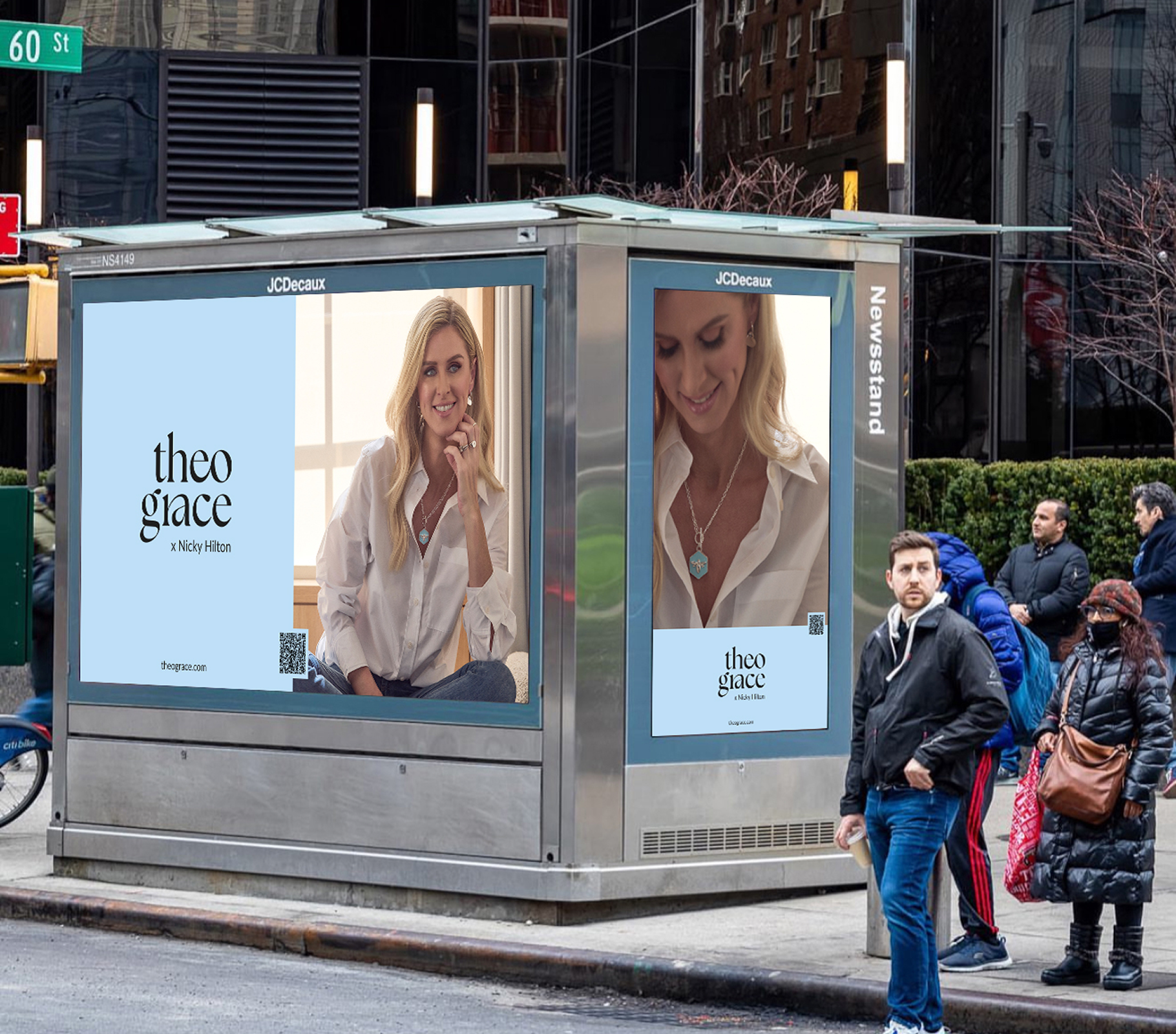 Theo Grace by Nicky Hilton fashion jewellery branding and website design, featuring a modern black and blue visual identity with editorial styling.