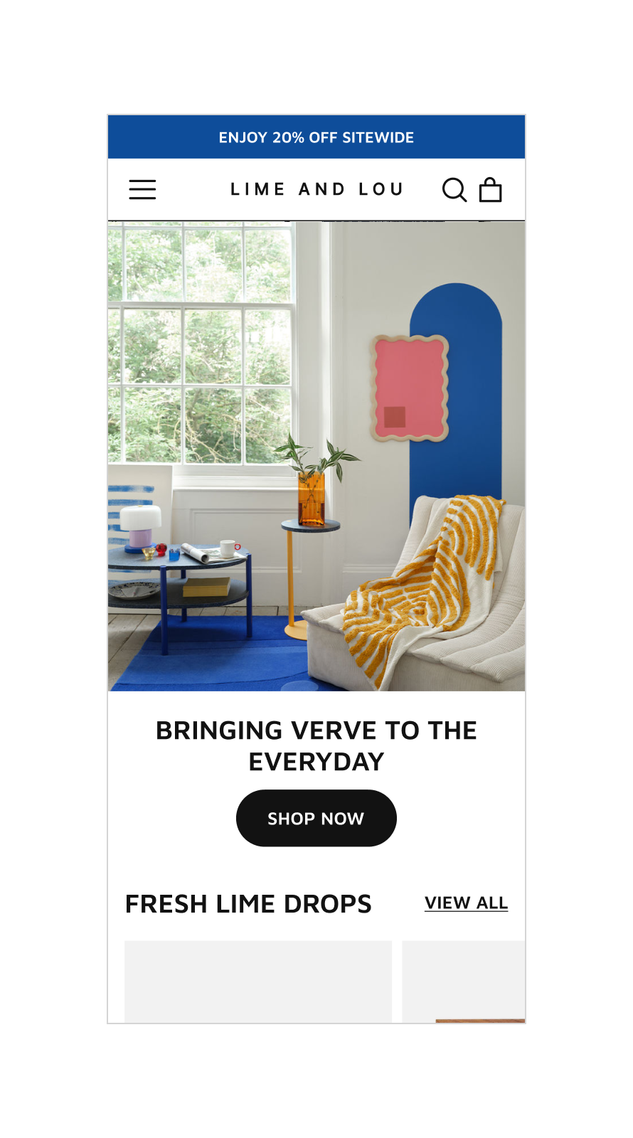 Website design for Lime & Lou, a London-based lifestyle and homeware brand, featuring a colourful, design-led e-commerce experience.