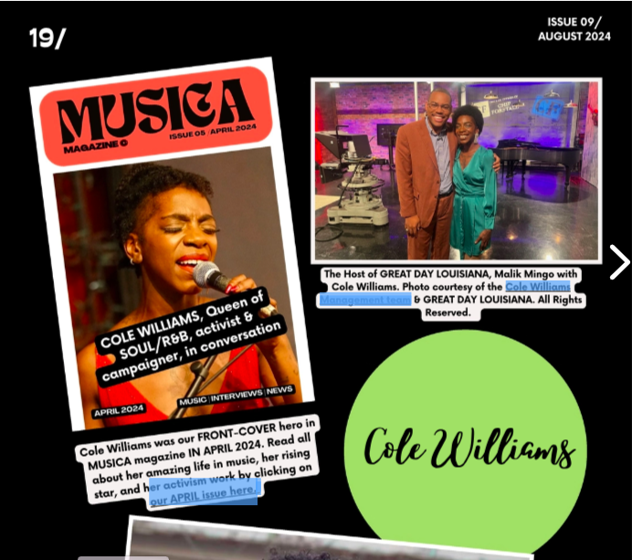 Magazine page featuring singer Cole Williams on the cover, with a headline about her being a queen of soul/R&B and activist. Includes a photo of Cole Williams speaking into a microphone, a photo of Malik Mingo with Cole Williams at Great Day Louisiana, and text about her life and work.