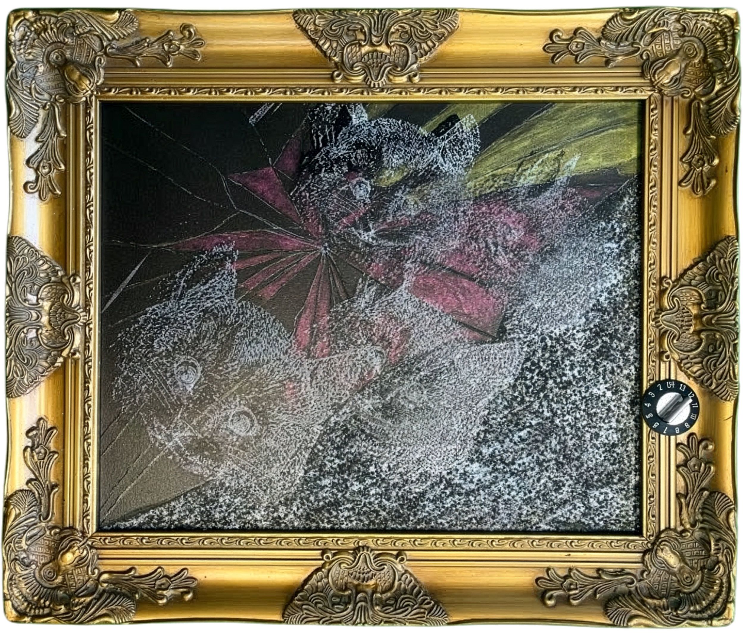 A framed artwork depicts two dogs, one with its mouth open, against a black background with a red and black umbrella in the background. The frame is ornate and gold-colored, with a temperature dial on the bottom right.