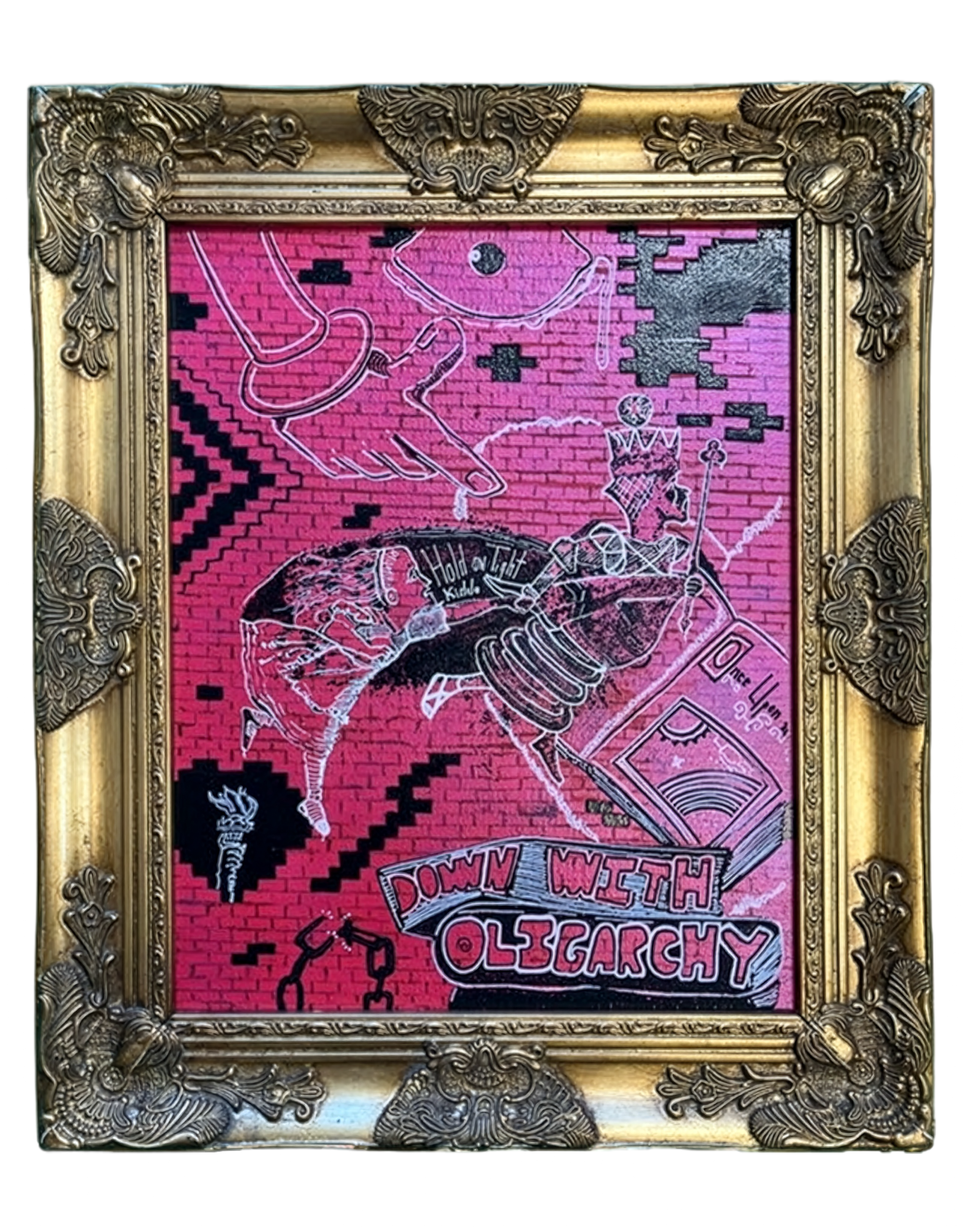 Bright pink graffiti artwork on a brick wall with various abstract designs, a chain, a spray paint can, and the message 'Down With Oligarchy' in bold letters, framed in an ornate gold frame.