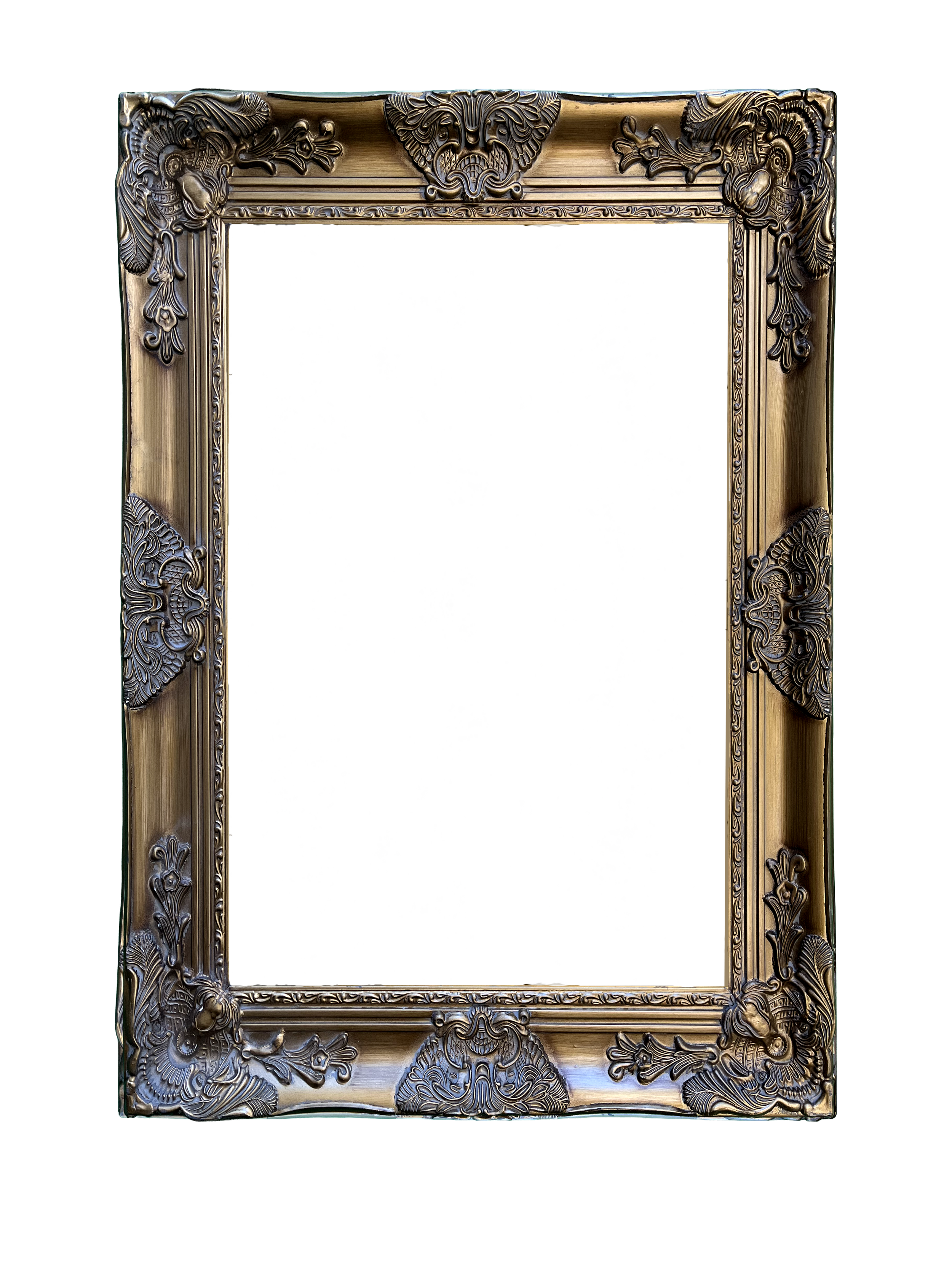 Decorative ornate picture frame with carved floral and leaf patterns on a black background.