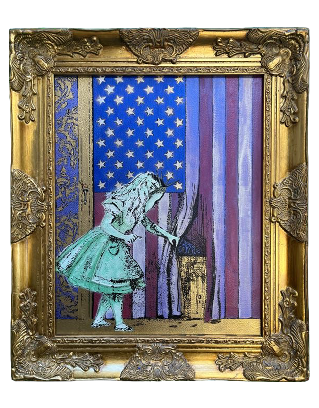A framed artwork featuring a woman dressed as the Statue of Liberty, with long hair, looking through a partially drawn curtain revealing a star-spangled American flag background.