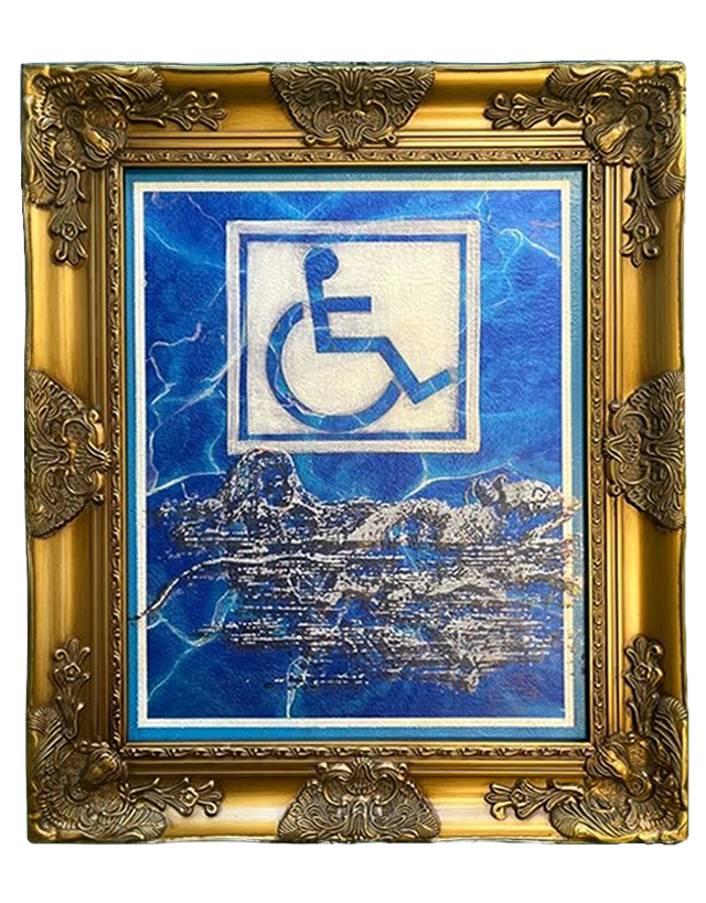 Framed image of a wheelchair accessible symbol over a blue background with abstract white lines and patterns.
