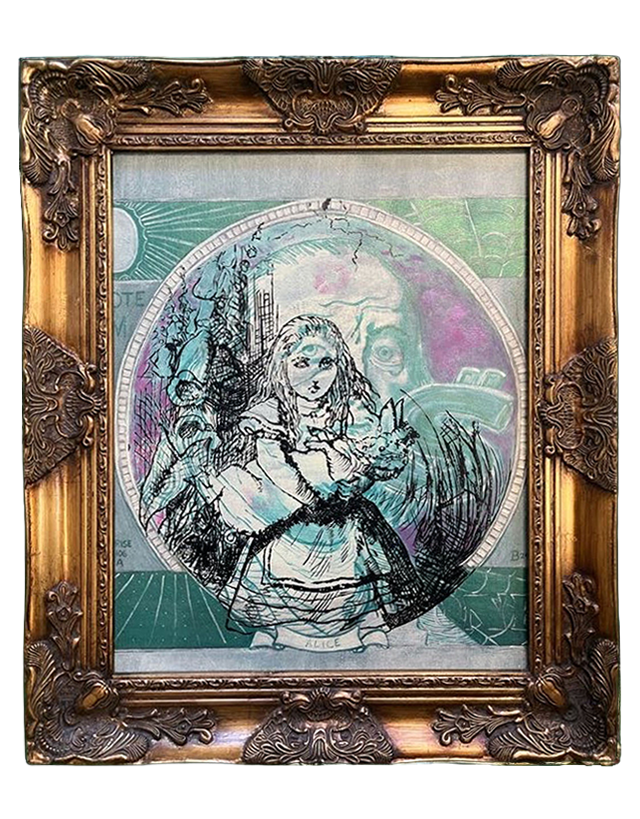 A framed artwork featuring a sketched girl with braided hair, holding a pig, with a background of currency designs and Benjamin Franklin.