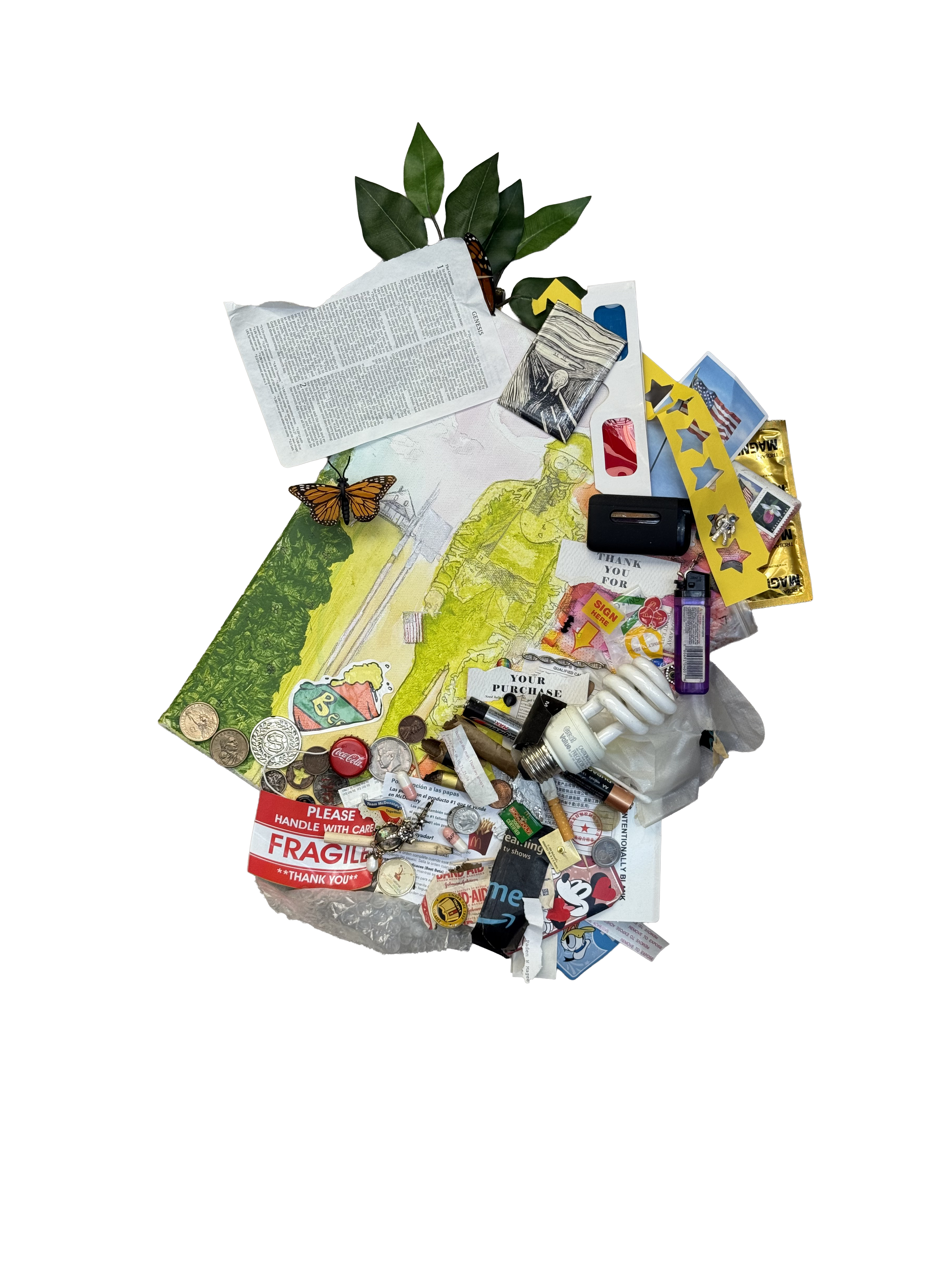 Collection of miscellaneous small objects, including paper, coins, a light bulb, and various trash and packaging items.