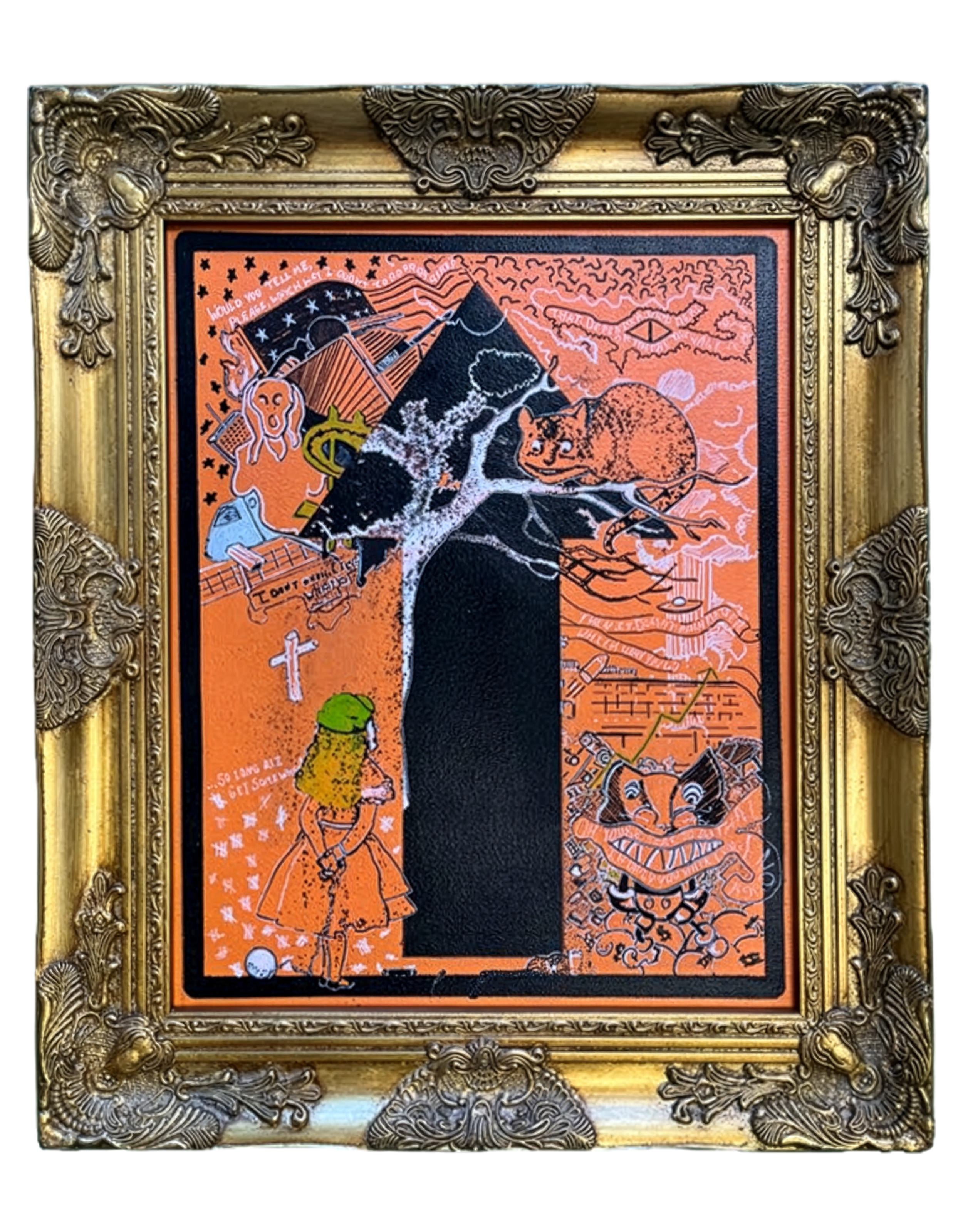 Mixed media artwork with a central black shape resembling a doorway, surrounded by various illustrations including a girl with yellow hair, a large cat, a clown face, a tree, and abstract patterns on an orange background, all in a gold ornate frame.