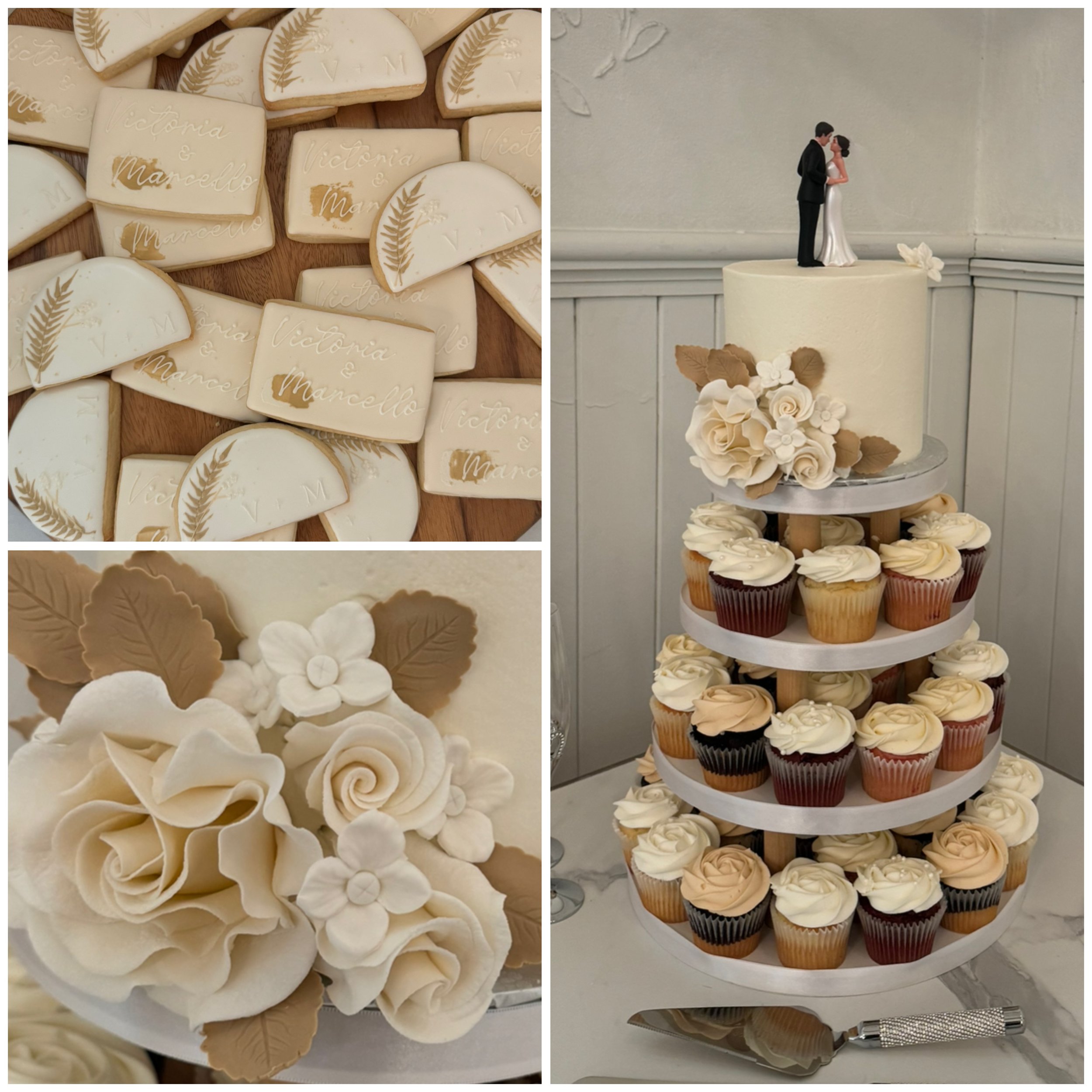Wedding-themed cookies, floral cake decorations, and a tiered cupcake stand.