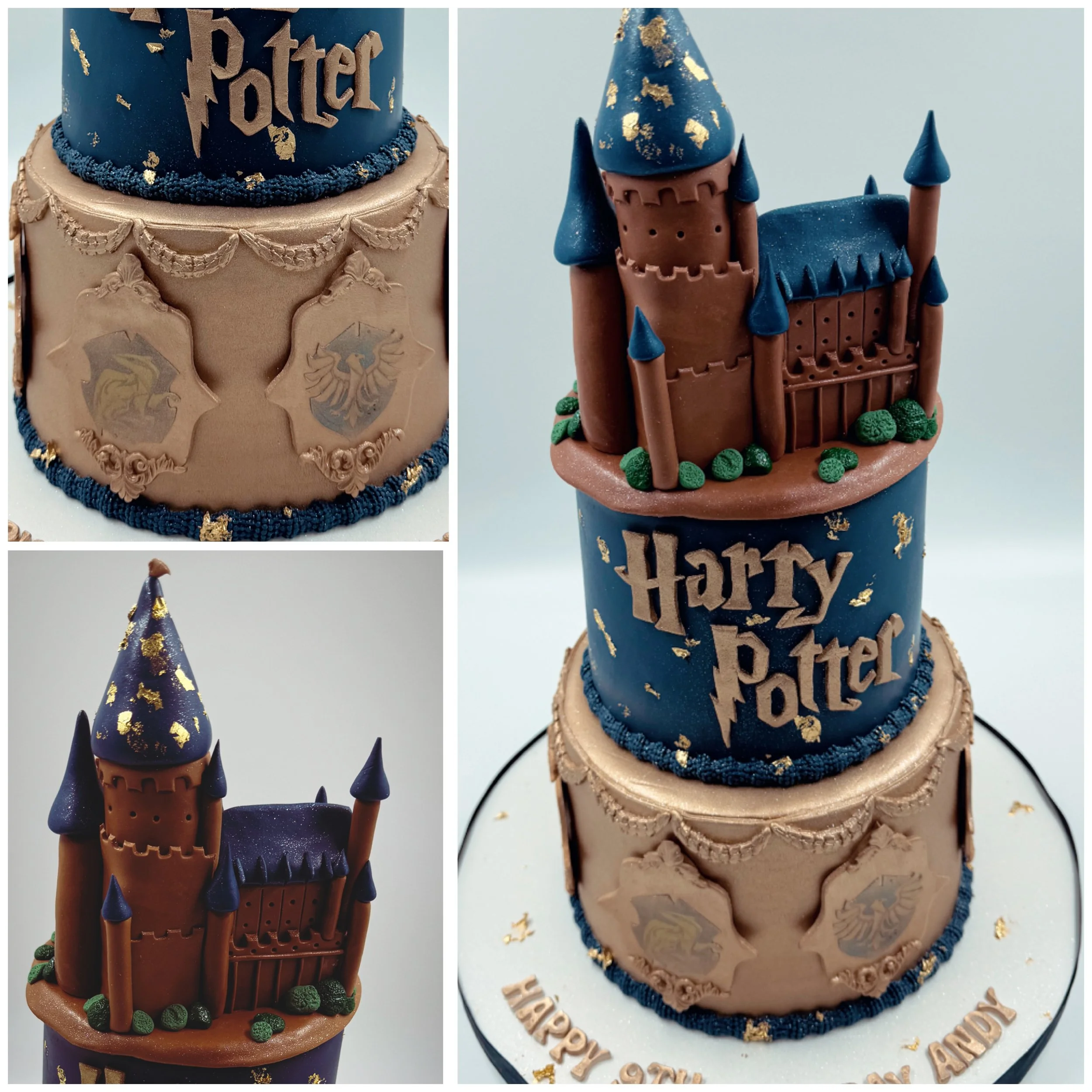 Decorative Harry Potter themed birthday cake with a Hogwarts castle topper, featuring blue and beige fondant, gold accents, and Harry Potter logos.