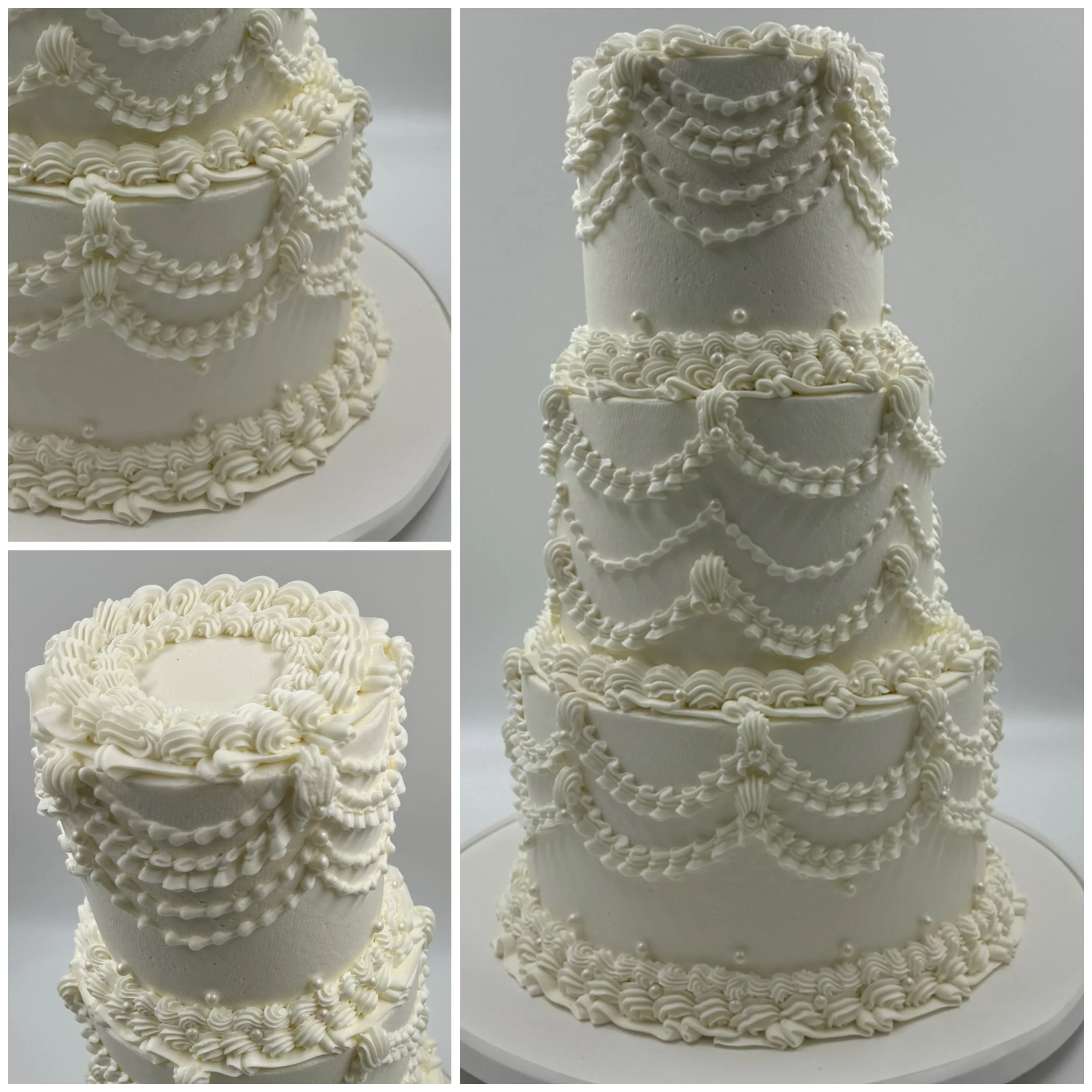 Three tiers of a white wedding cake decorated with piped icing and pearl-like accents.