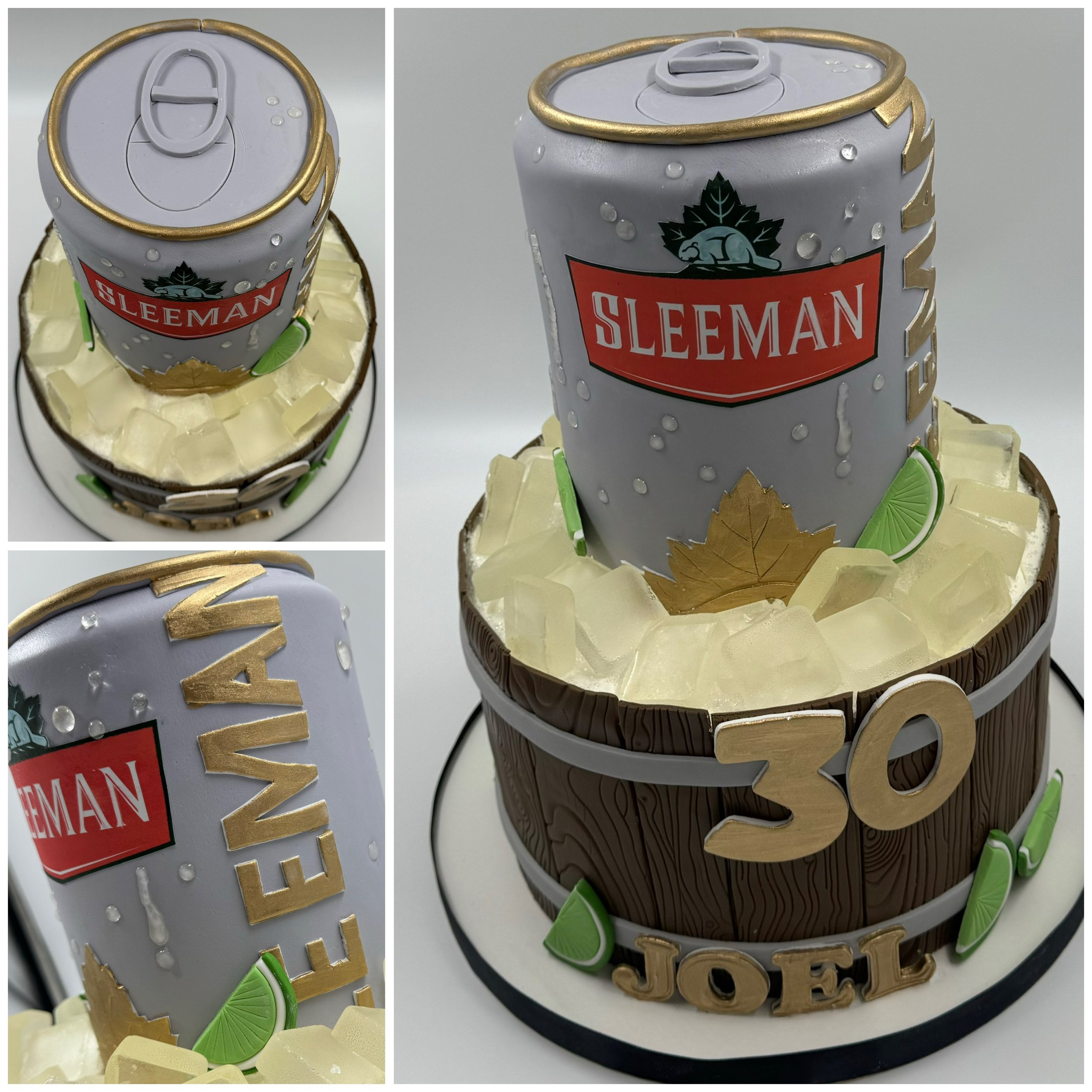 A cake designed to resemble a Sleeman beer can and a wooden barrel, celebrating a 30th birthday. The cake has ice cubes around the base, lime slices, and the number 30 on the front.