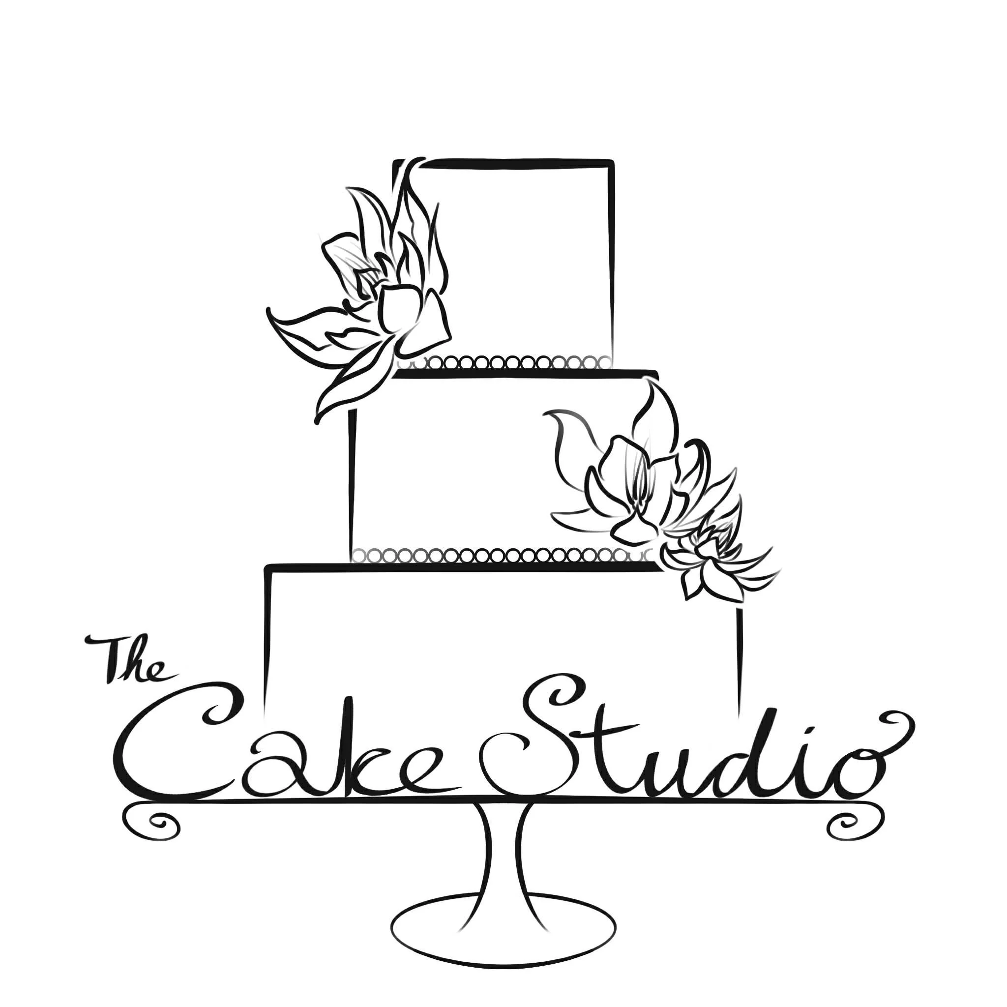 Line drawing of a three-tier wedding cake with floral decorations and the words 'The Cake Studio' in elegant script.