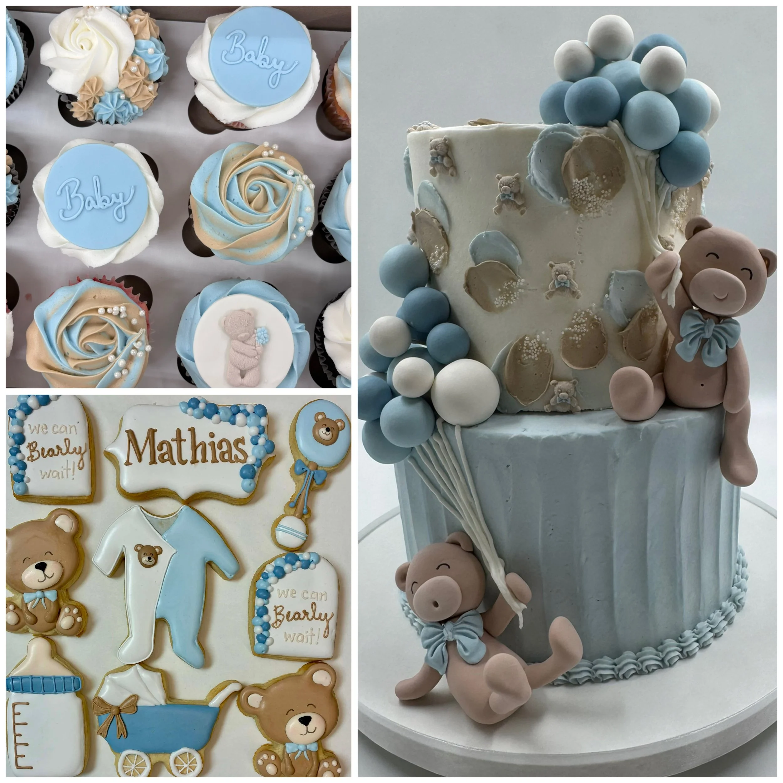 A collection of baby-themed cookies, cupcakes, and a decorated cake for a one-year-old's celebration. The cookies include ones with teddy bears, baby bottles, and birthday messages. The cupcakes are decorated with pastel blue, beige, and white swirls
