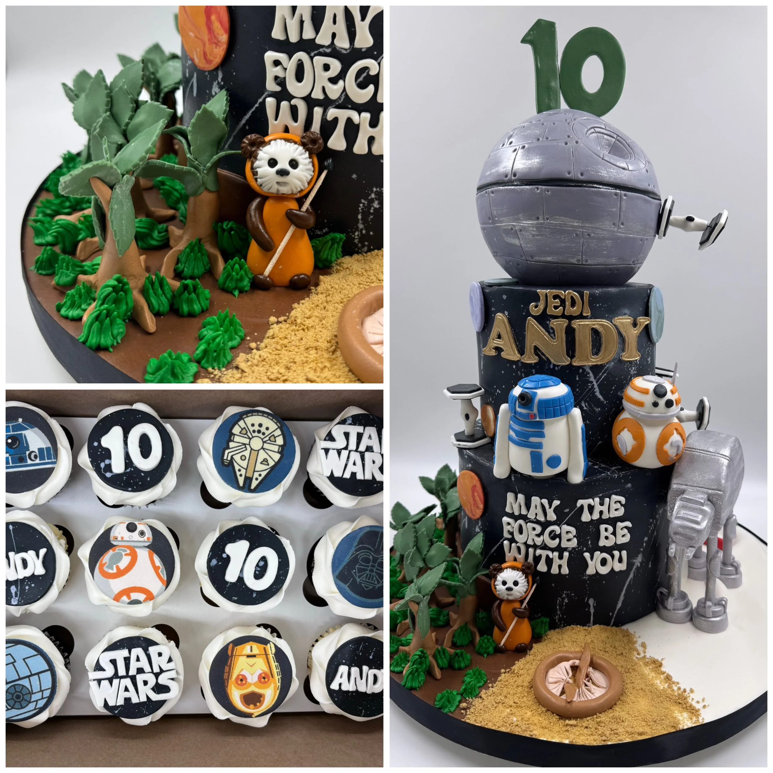 Star Wars-themed cake and cupcakes celebrating a 10th birthday, decorated with characters like R2-D2, BB-8, and a Clone Trooper, with a black and white color scheme and starry space motifs.