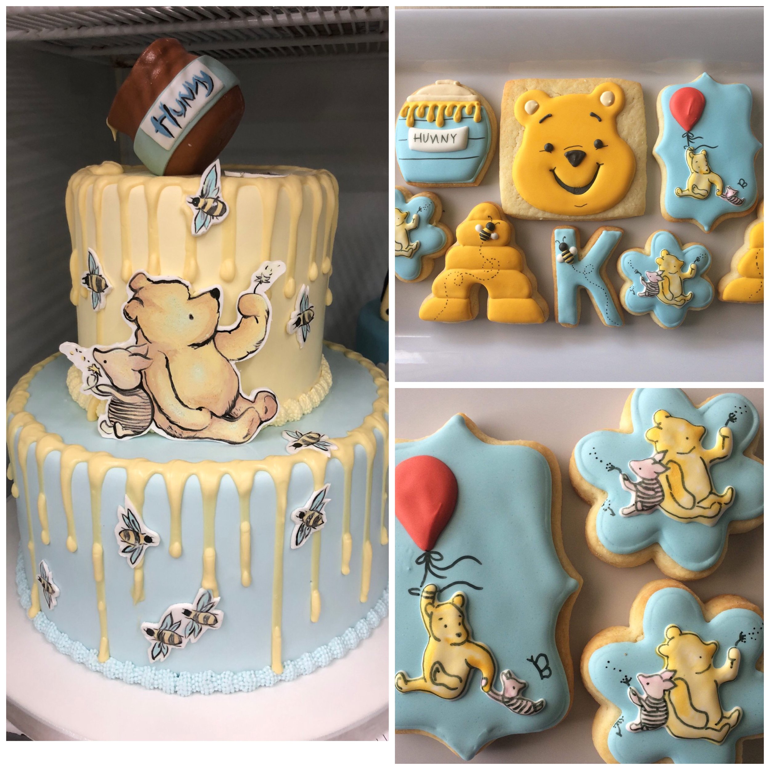 Cake with Winnie the Pooh and honey theme, decorated with bees and honey jars, featuring Winnie the Pooh and Piglet illustrations, and cookies shaped and decorated with Winnie the Pooh, Piglet, honey jars, and balloons.