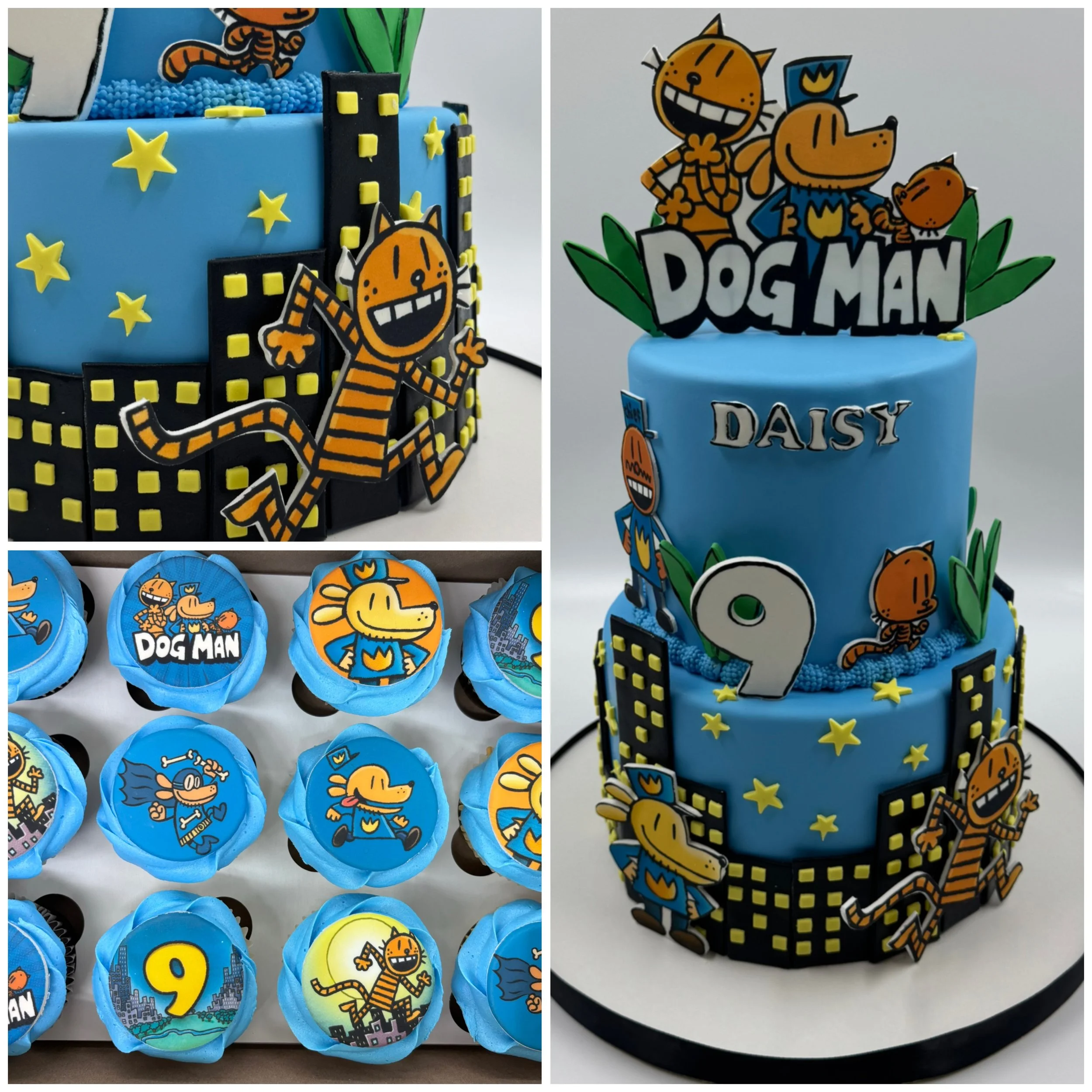 A birthday cake themed after the children's cartoon Dog Man, decorated with character cutouts, cityscape, stars, with matching themed cupcakes.