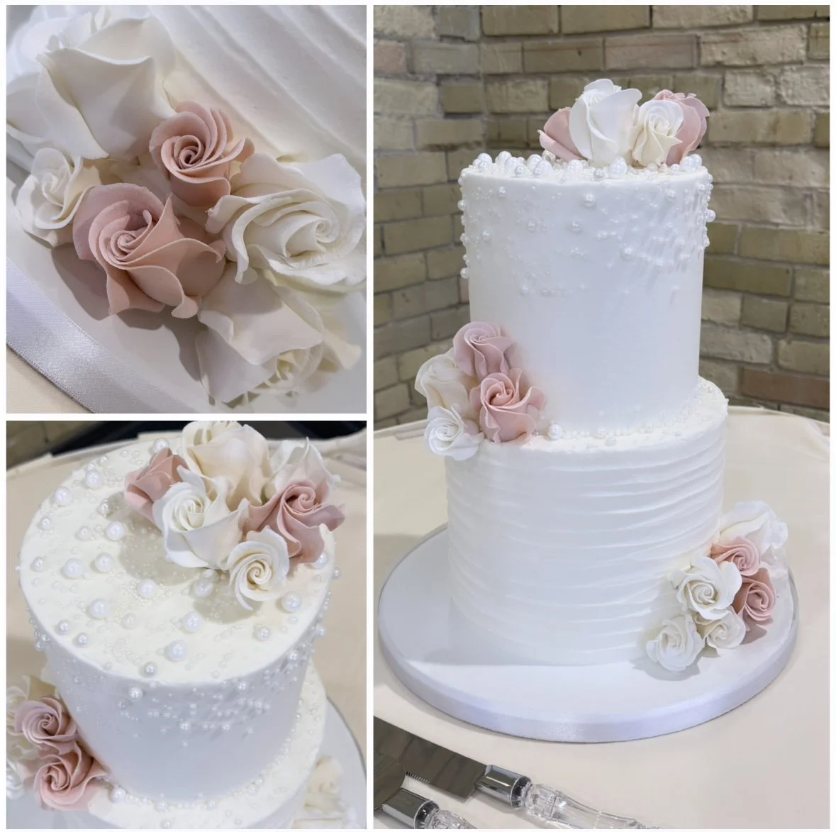 Three-tier white wedding cake decorated with pink and white roses and pearl accents, featuring a textured icing design and floral arrangements on top and around the base.