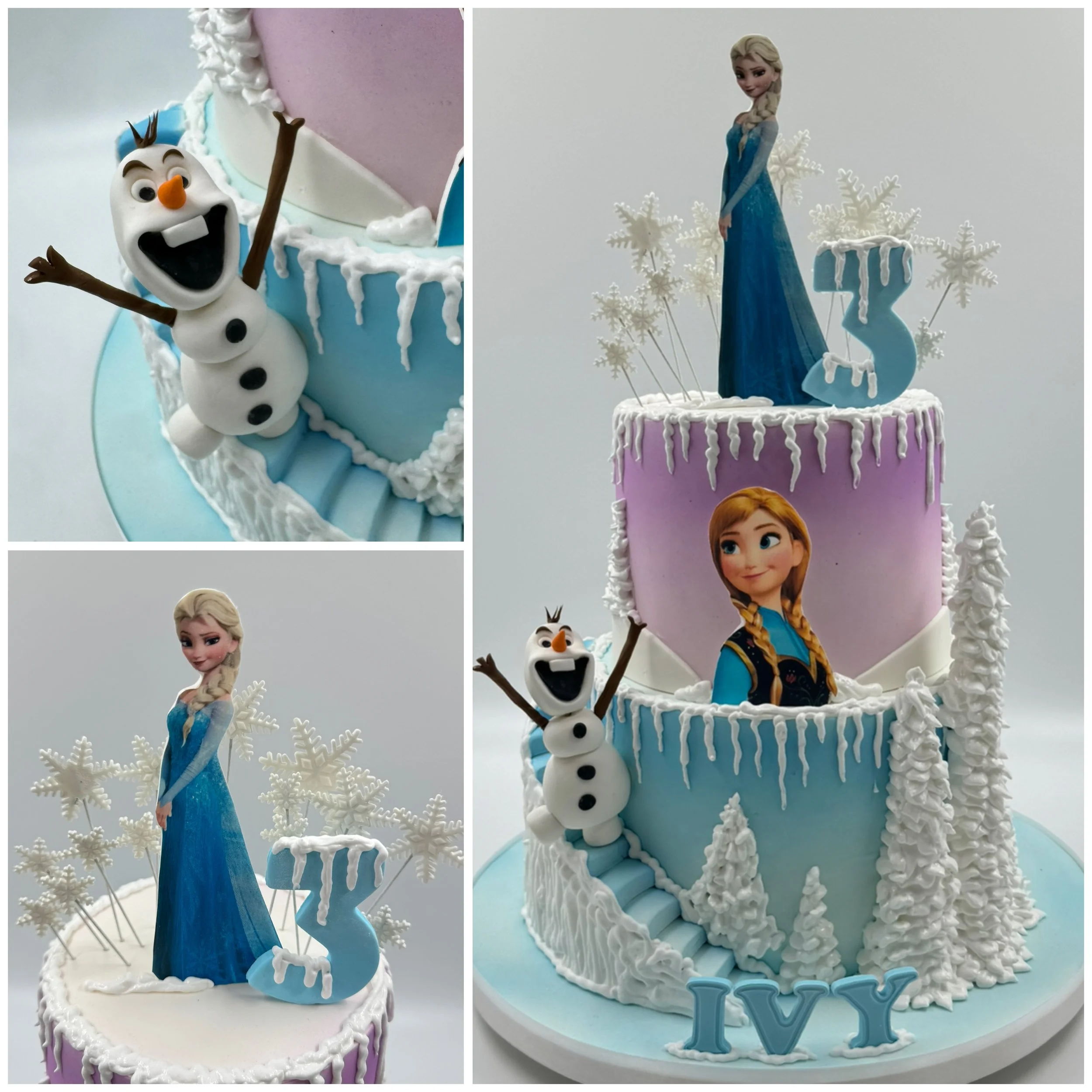 Multi-tiered birthday cake decorated with characters from Disney's Frozen, including Elsa and Olaf, with snowflake and winter-themed decorations.