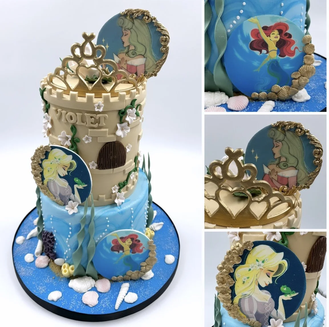 A multi-tier birthday cake inspired by Disney's The Little Mermaid, decorated with princess images, seashells, and ocean-themed decorations.