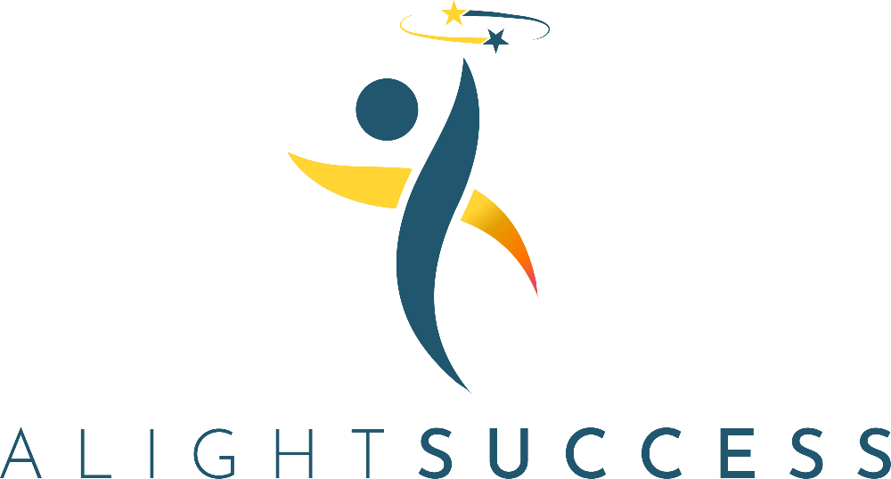 Logo for ALIGHT SUCCESS featuring a stylized human figure reaching upward with stars and swooshes around it.