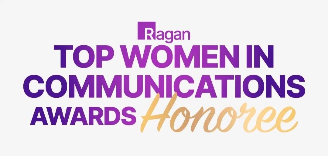 Text reading "Ragan Top Women in Communications Awards Honoree" in purple, gold, and lilac colors.