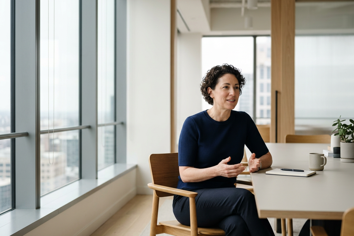 A woman with short curly hair wearing a dark blue top sitting at a table in a modern office, talking during a meeting. There are notebooks, a pen, a coffee mug, and some potted plants on the table. Large windows behind her let in natural light.