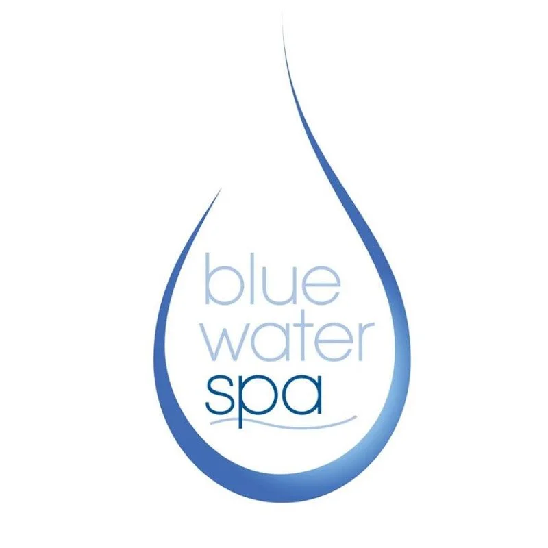 Logo for Blue Water Spa featuring a stylized blue water droplet with the spa's name inside.