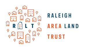 Illustration of buildings and houses with the words 'Raleigh', 'Area', 'Land', and 'Trust' in blue and orange text.