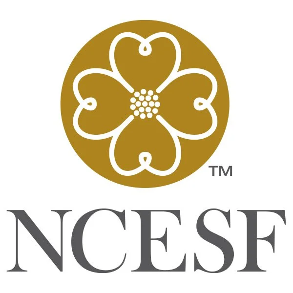 A gold circle with a white stylized flower inside, and the letters 'NCESE' below in gray.