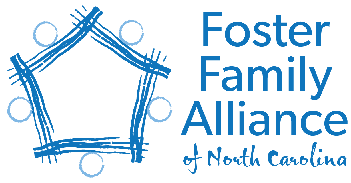Logo for Foster Family Alliance of North Carolina featuring a blue pentagon made of interwoven lines with five empty circles at the corners and the organization's name written in blue text to the right.