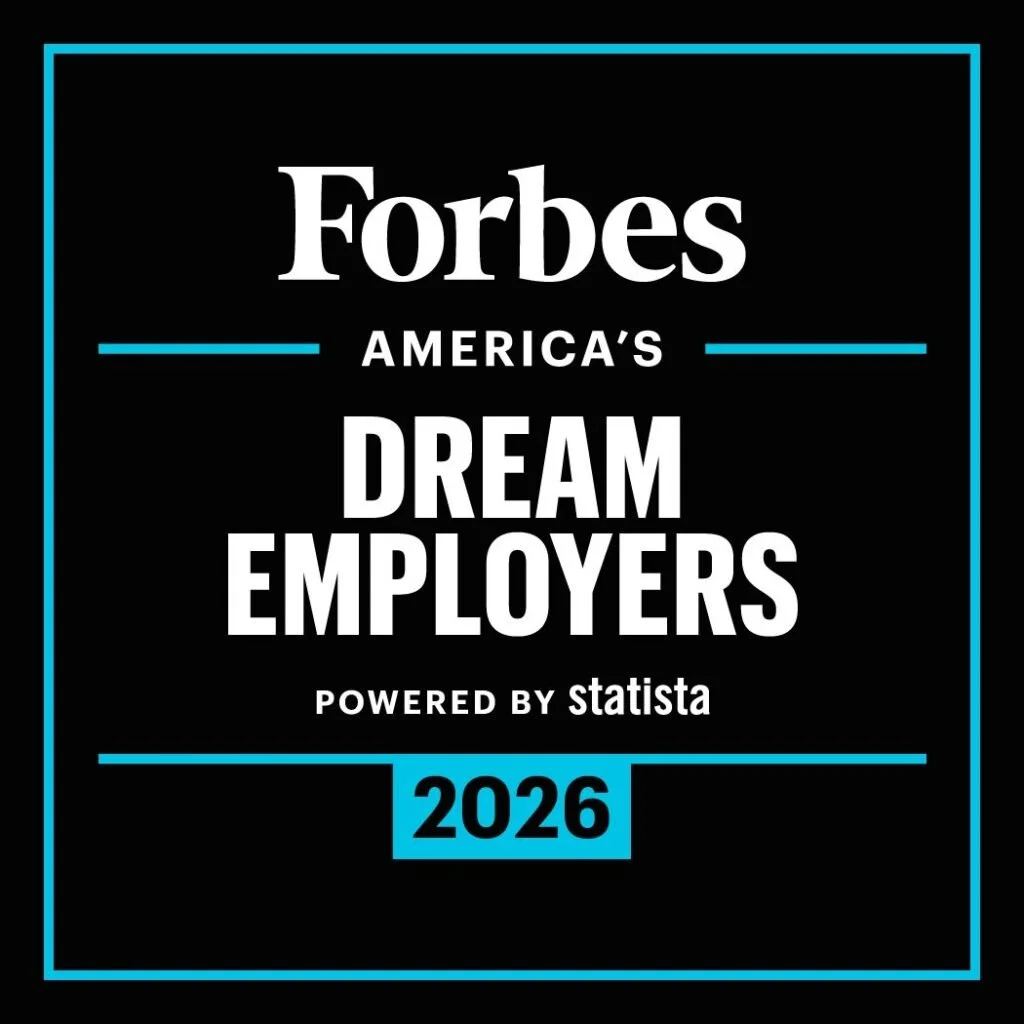Forbes logo with the text 'America's Dream Employers 2026' and 'Powered by Statista' on a black background, framed by a blue border.
