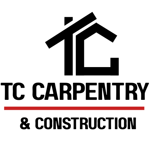Logo for TC Carpentry & Construction with stylized house roof and bold text