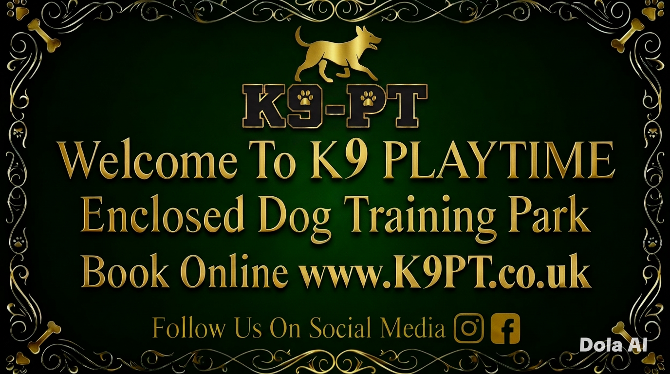 A sign reading 'K9-PT' with gold dog silhouette and paw print symbols on secure fencing at Haslington By-Pass private dog field, Sandbach, Cheshire