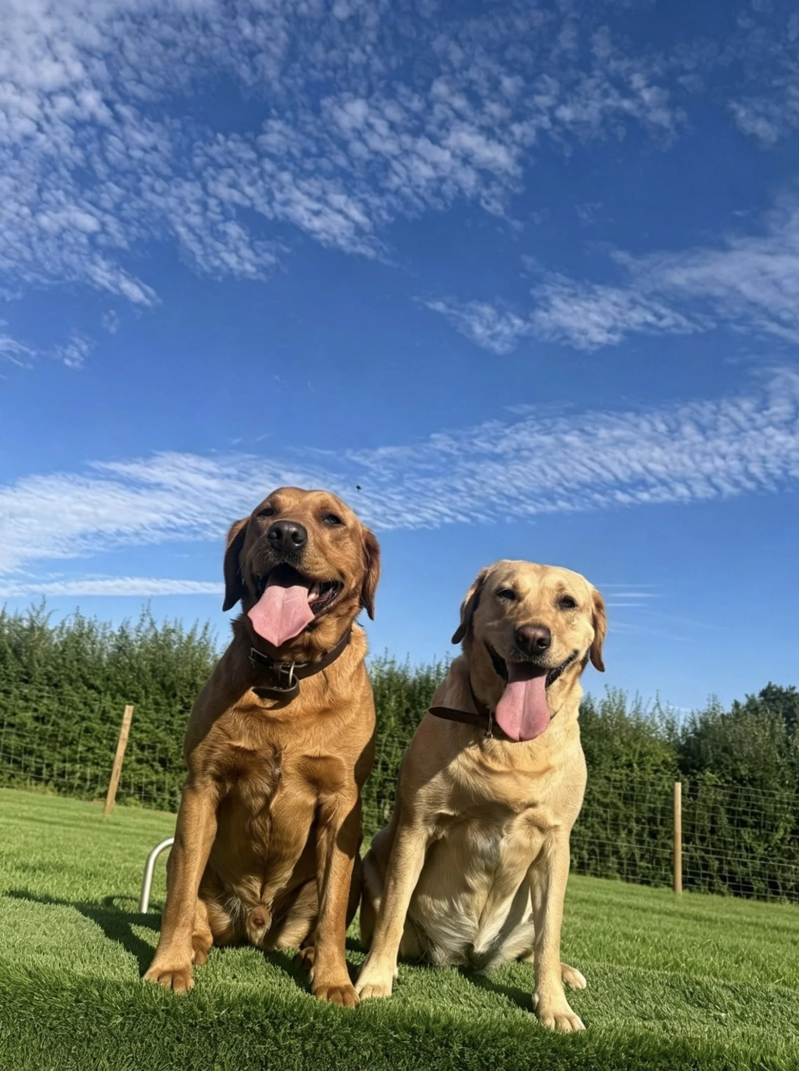 Two happy Labradors on secure grass field at K9-PT — award winning private dog field near Crewe, Sandbach, Cheshire East