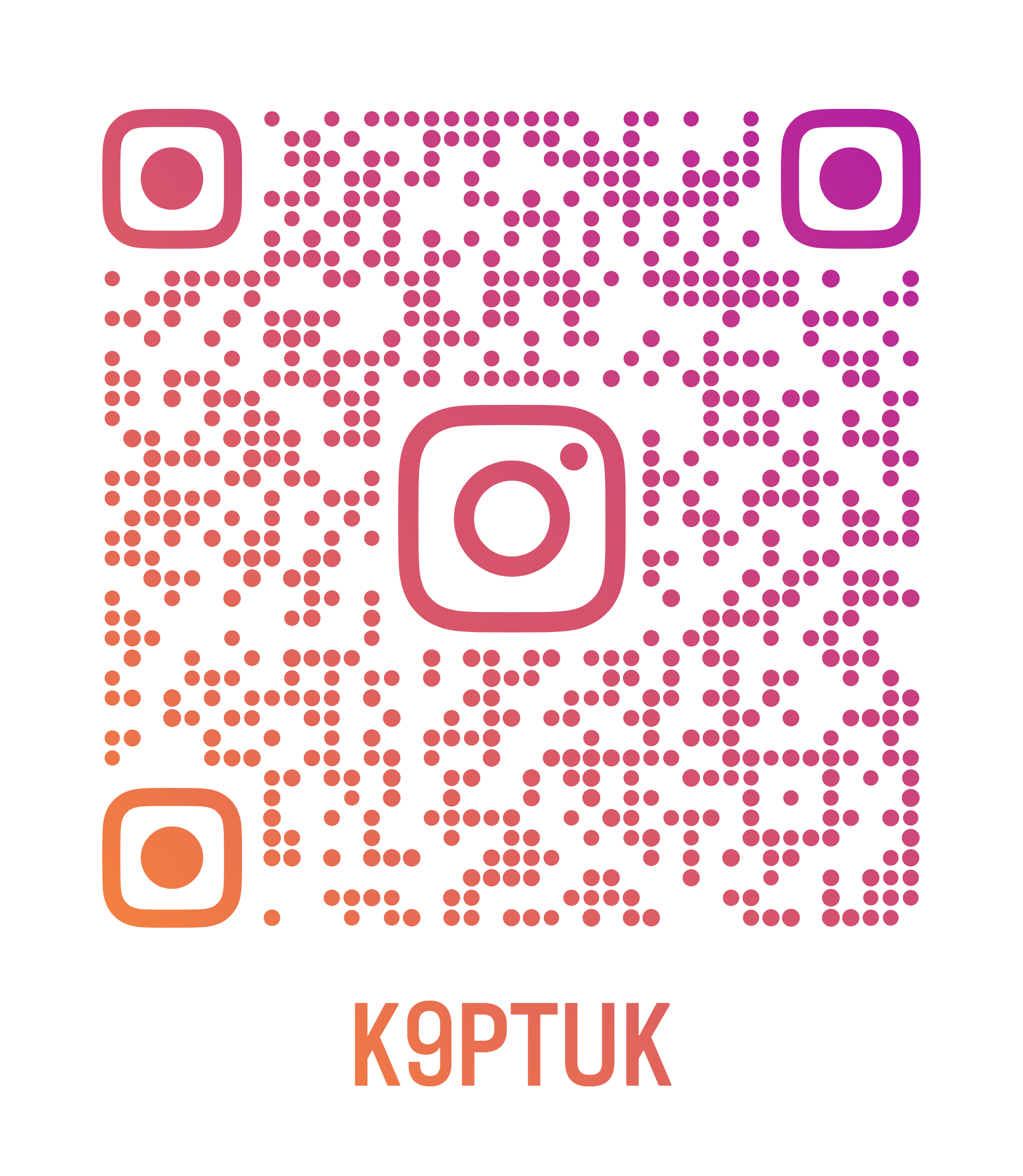 Colorful QR code with gradient colors and the text "K9PТUК" at the bottom. K9 Playtime Ltd Instagram