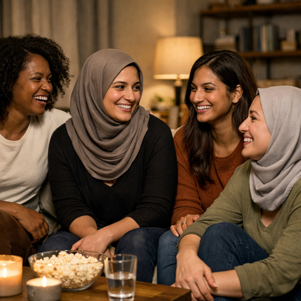 Four women sitting together on a couch, smiling and enjoying a conversation. They are in a cozy living room with candles, a bowl of popcorn, a glass of water, and a lamp in the background.