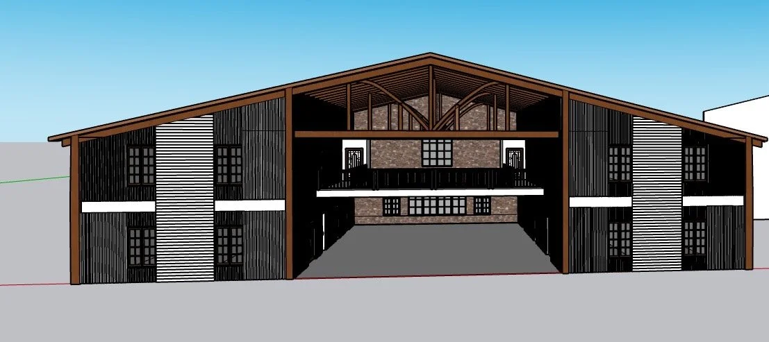 Architectural drawing of a large modern barn with wood and brick exterior, multiple windows, and an open central space, under a blue sky.