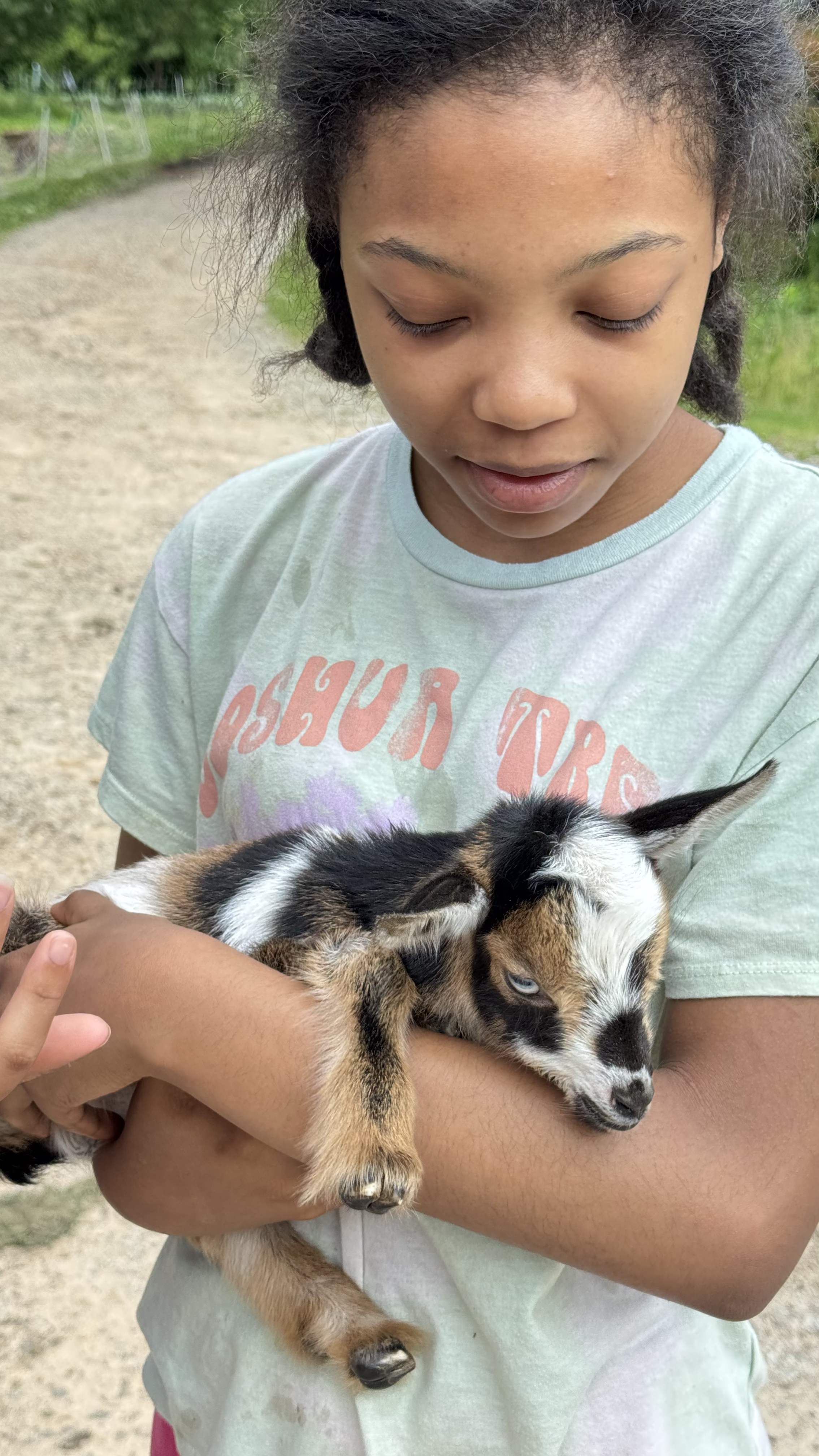 A young girl holding a black, white, and brown puppy outdoors on a dirt path with greenery in the background.