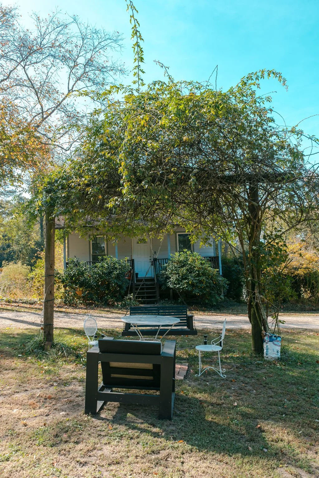 A backyard with a small house, a tree with autumn leaves, outdoor seating including a black bench, a metal table, and white chairs, under the shade of the tree.