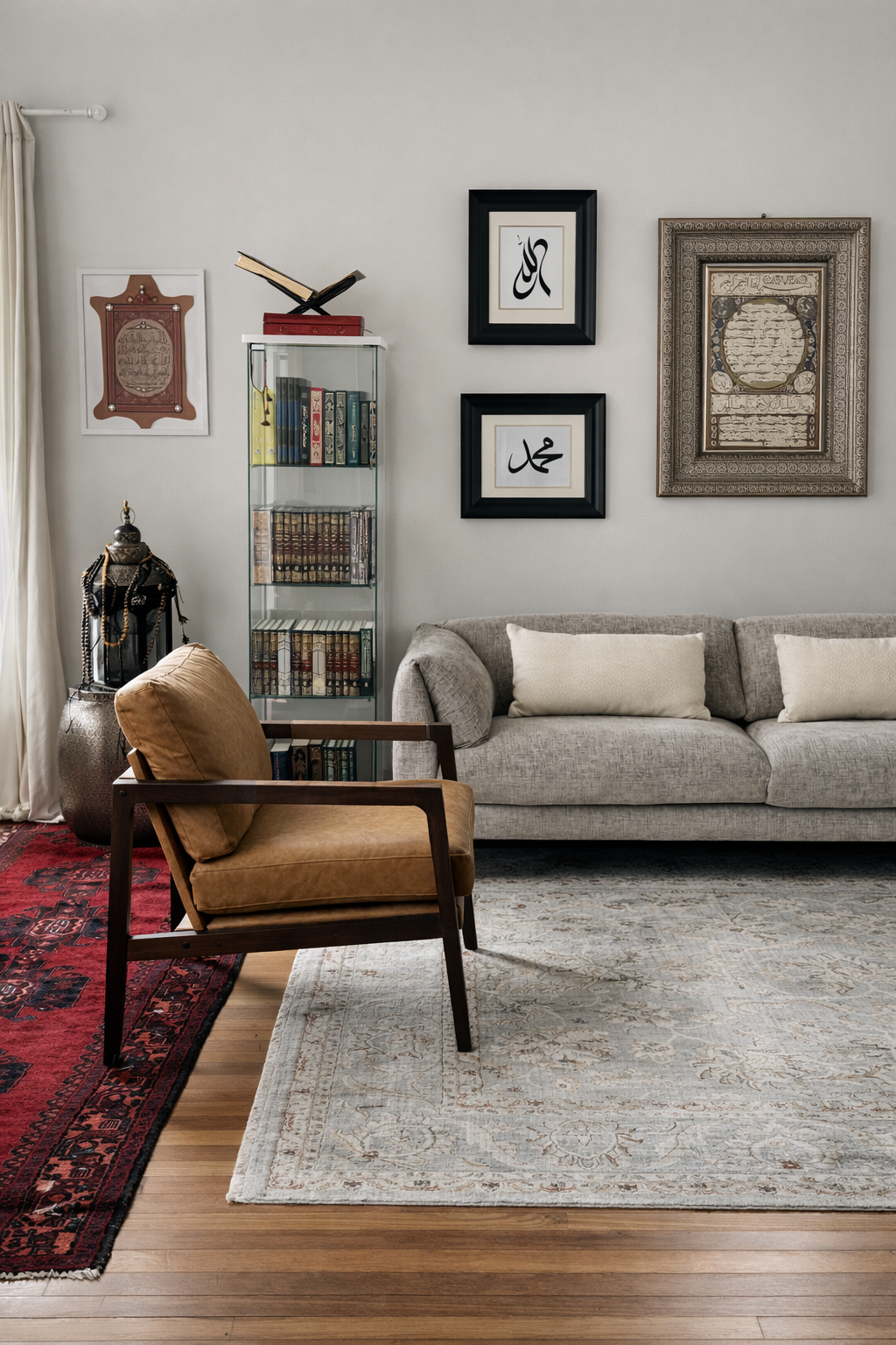 Islamic influences with a suede couch and brown leather chair with glass bookshelves and Islamic calligraphy