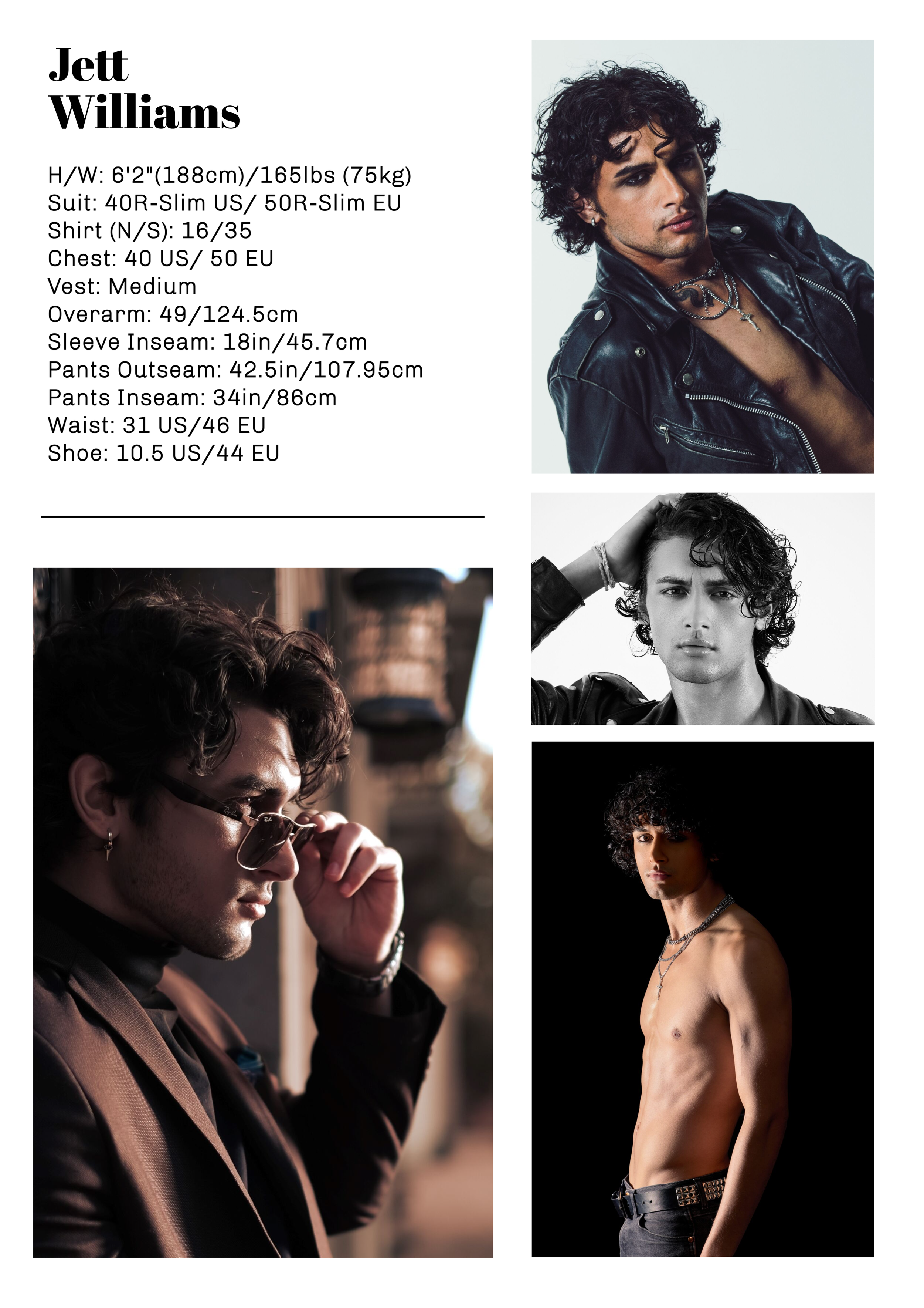 A collage of four images of a young male model named Jett Williams, including full-body, black-and-white, side profile, and shirtless shots, with a profile containing his measurements, clothing sizes, and physical stats.