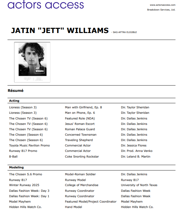 A character resume for Jatin "Jett" Williams from the actors access website, listing acting credits and modeling work.