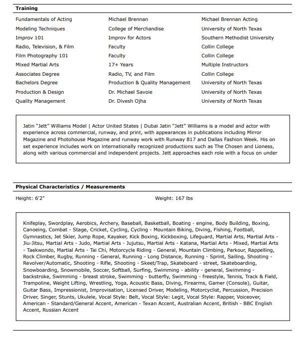 Jatin Jett Williams Model Actor Dubai United States International Professional In Demand