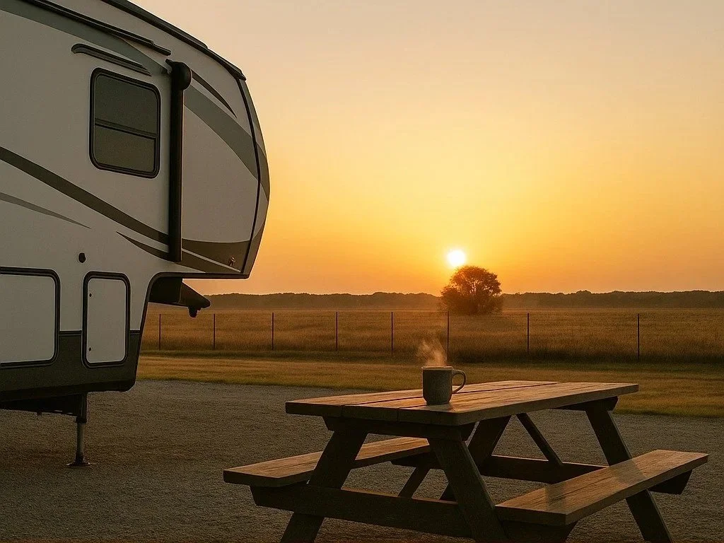 A camping scene showing a recreational vehicle parked near a picnic table with a steaming cup on it, during a sunset with the sun low on the horizon and a tree in the distance.