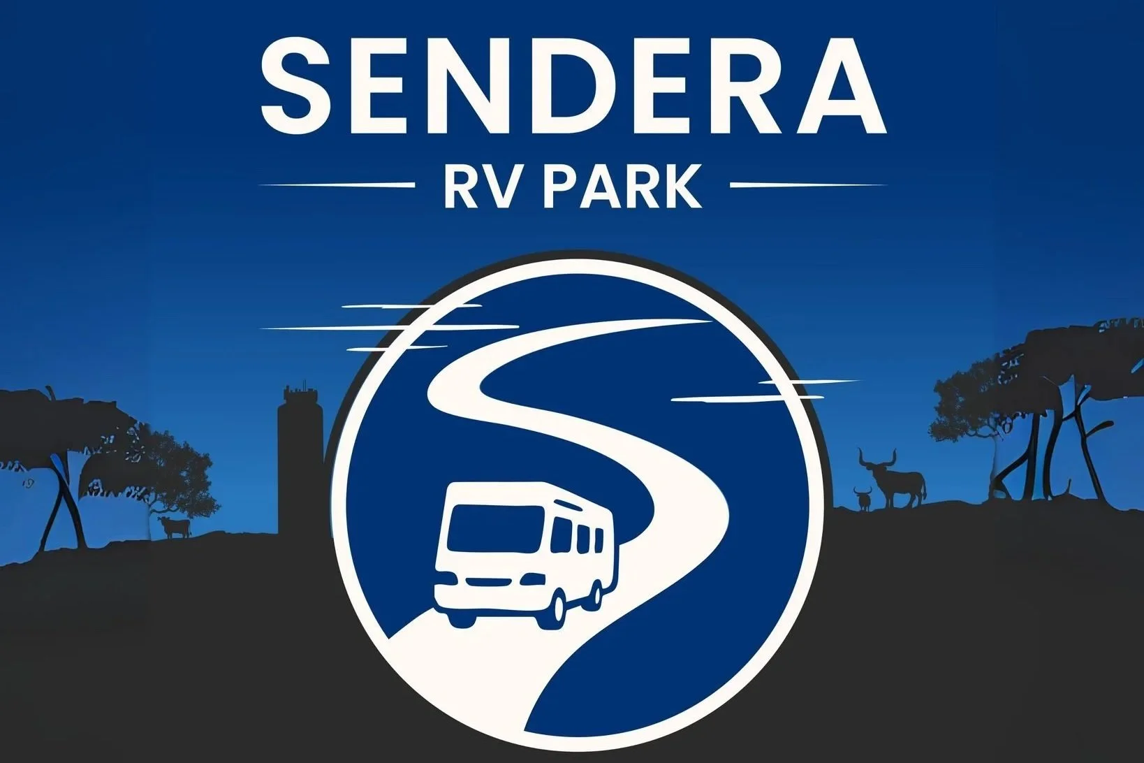 Sign for Sendera RV Park featuring a stylized winding road with a camper van, set against a landscape silhouette with trees and animals in the background.