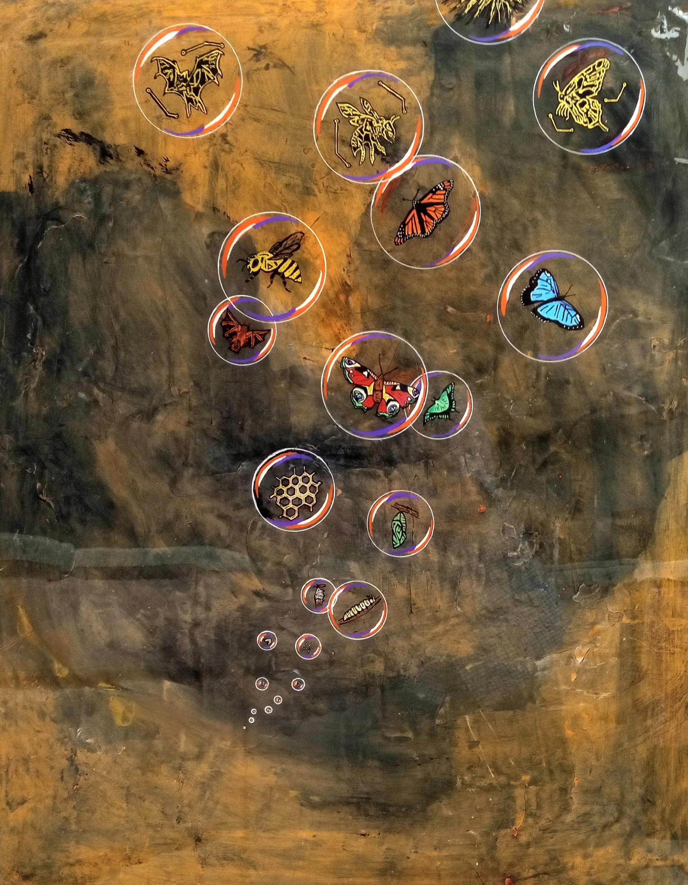 Illustration of various butterflies, bees, and insects inside circular bubbles on a textured brown background.