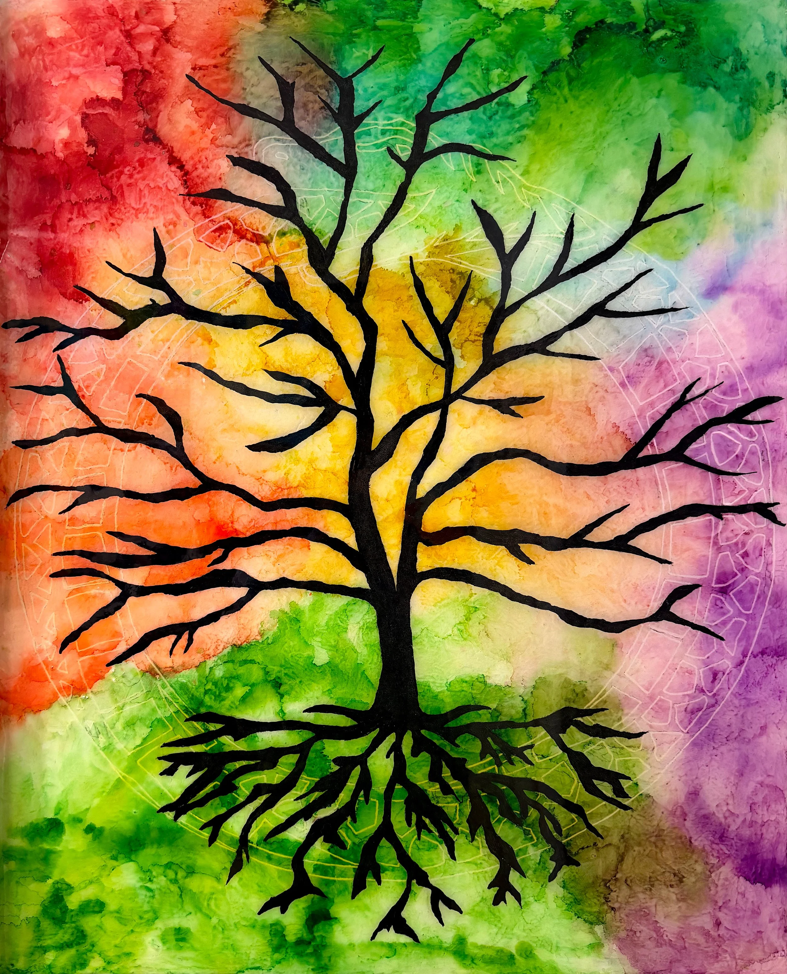 A silhouette of a tree with black branches and roots set against a vibrant rainbow watercolor background.