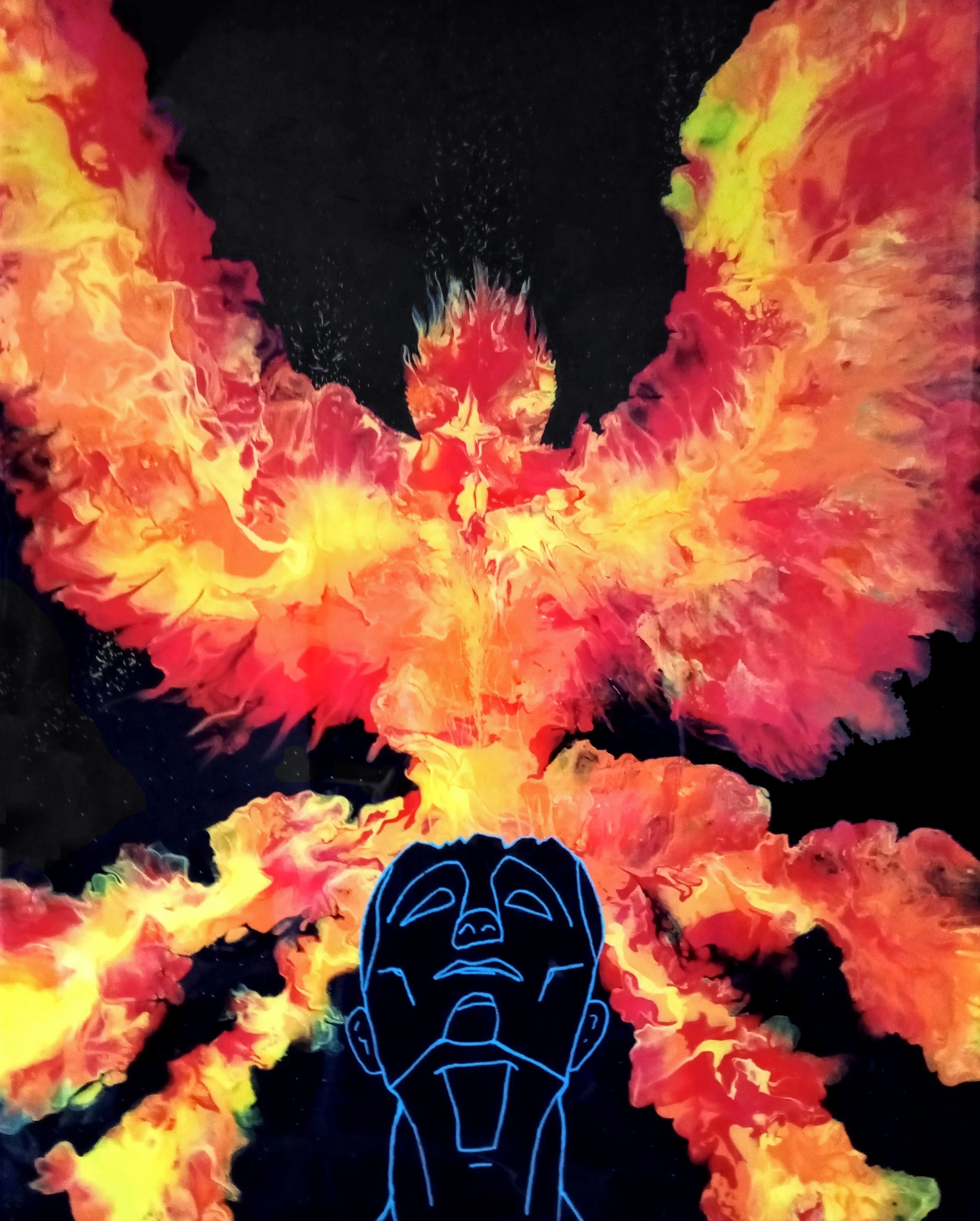 An abstract digital artwork with fiery orange and yellow explosions, and a blue neon outline of a screaming face at the bottom.