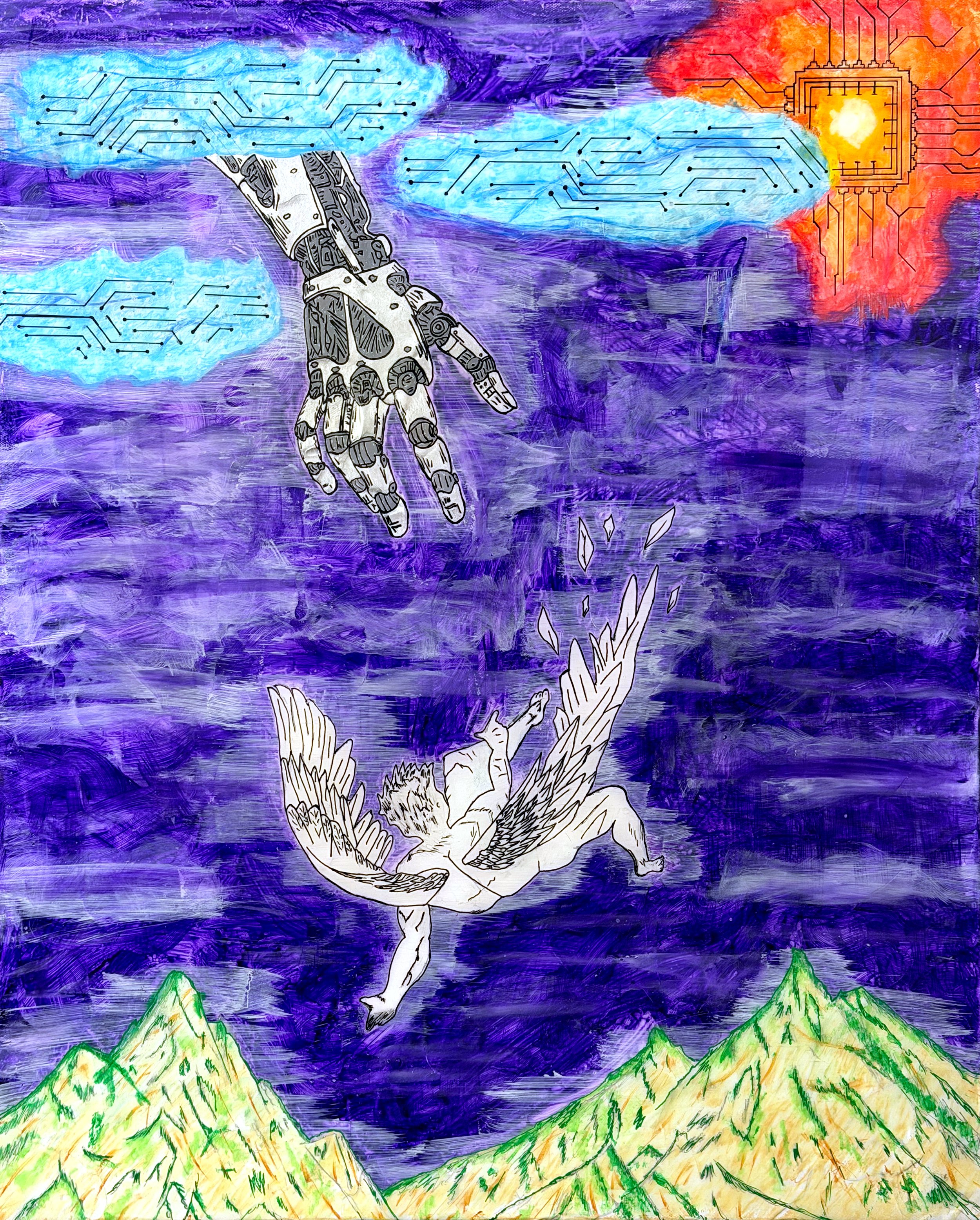 A surreal artwork depicting a robotic hand reaching down from the sky towards a winged figure with human and angelic features falling above mountain peaks, with a colorful sky including clouds and a bright sun with circuit-like patterns.